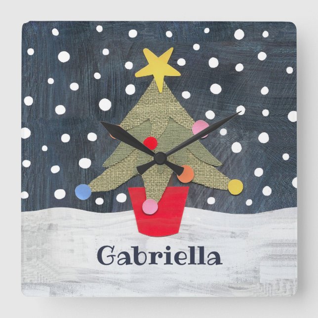 Personalized Festive Christmas Tree Square Wall Clock (Front)
