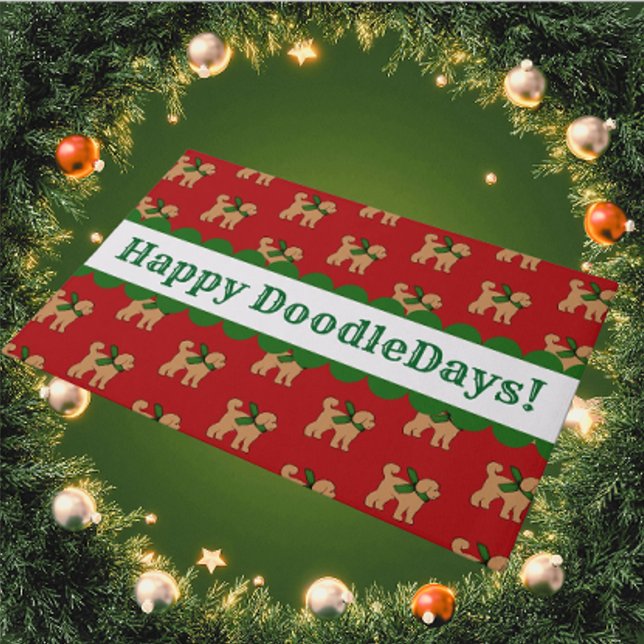 Personalized Festive Doodle Dog Red Holiday  Doormat (A festive welcome with this personalized door mat!)