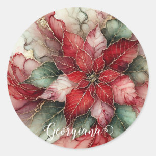Personalized Festive Floral Alcohol Ink Poinsettia Classic Round Sticker
