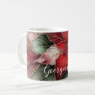 Personalized Festive Floral Alcohol Ink Poinsettia Coffee Mug