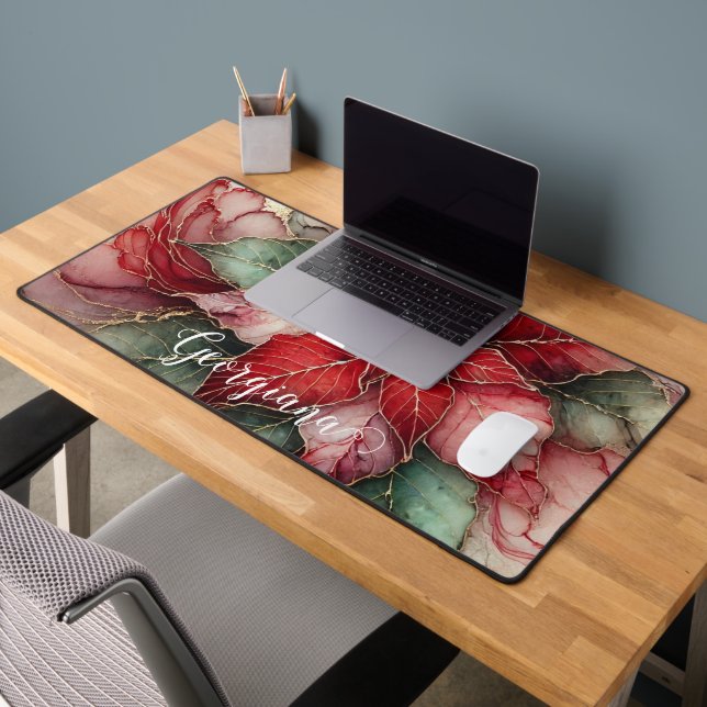 Personalized Festive Floral Alcohol Ink Poinsettia Desk Mat (Office 2)