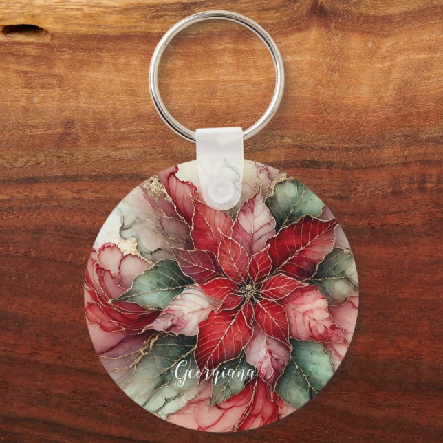 Personalized Festive Floral Alcohol Ink Poinsettia Keychain (Front)