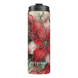 Personalized Festive Floral Alcohol Ink Poinsettia Thermal Tumbler