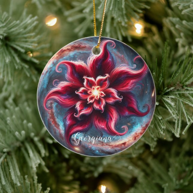 Personalized Festive Floral Poinsettia Galaxy Ceramic Ornament (Tree)