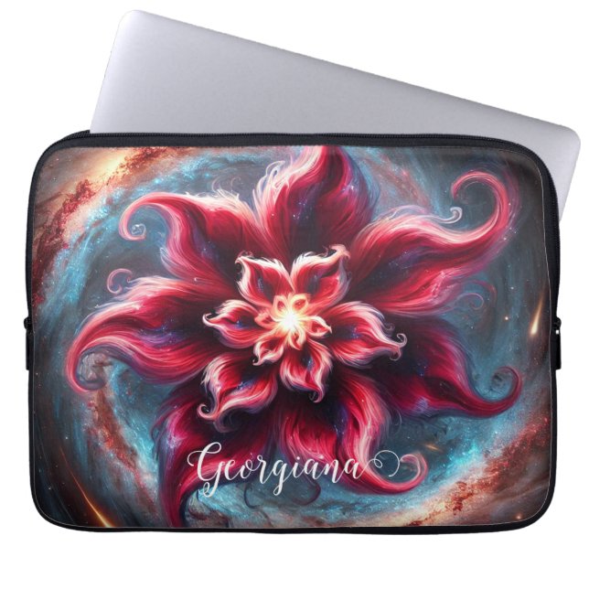 Personalized Festive Floral Poinsettia Galaxy Laptop Sleeve (Front)