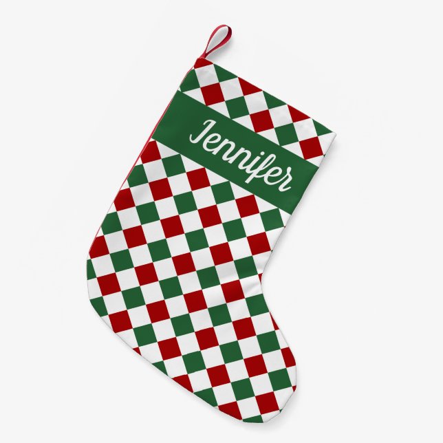 Personalized Festive Green Checked  Small Christmas Stocking (Front (Hanging))