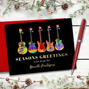 Personalized Festive Guitar Seasons Greetings Gold Foil Holiday Card