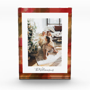 Personalized Festive Holiday Warm Plaid Family Red Photo Block