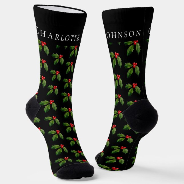 Personalized Festive Holly Berry Sprig Christmas Socks (Angled)