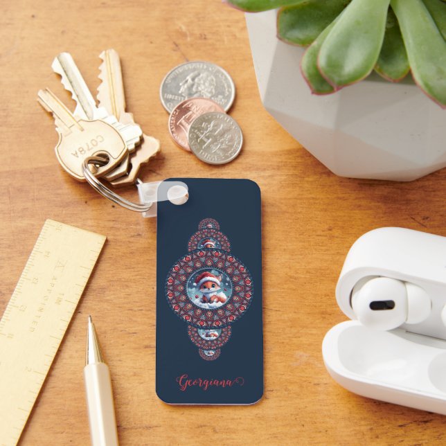 Personalized Festive Kawaii Fox Ornamental Mandala Keychain (Desk)
