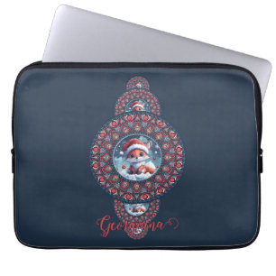 Personalized Festive Kawaii Fox Ornamental Mandala Laptop Sleeve