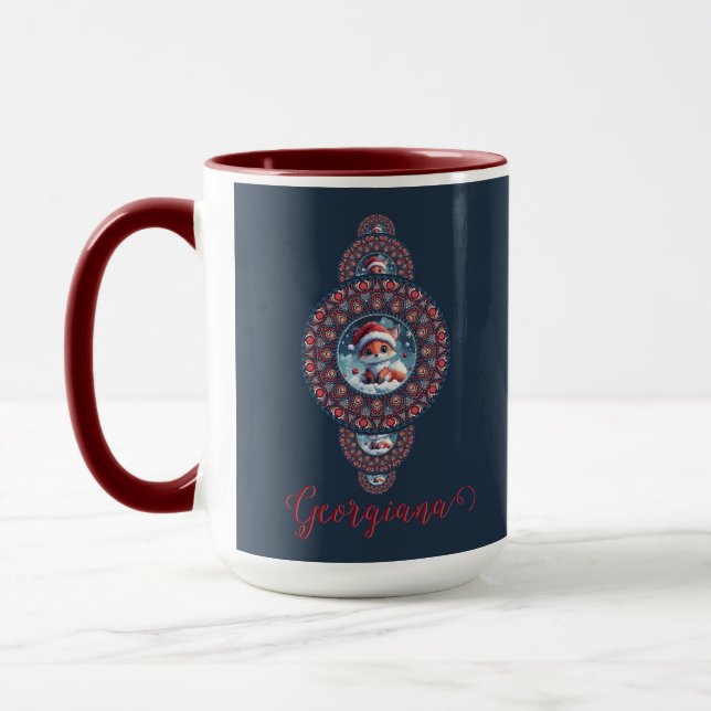 Personalized Festive Kawaii Fox Ornamental Mandala Mug (Left)