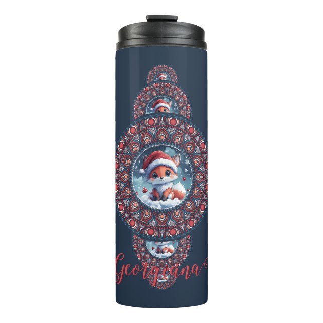 Personalized Festive Kawaii Fox Ornamental Mandala Thermal Tumbler (Front)