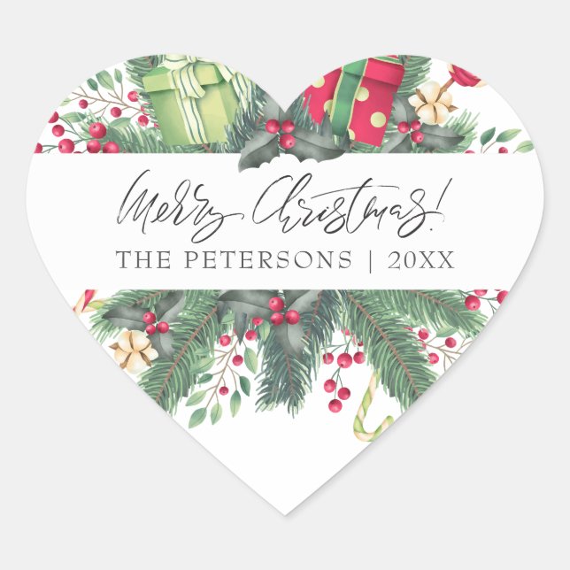 Personalized Festive Merry Christmas Decorative Heart Sticker (Front)