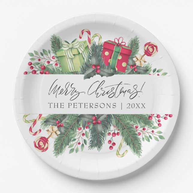 Personalized Festive Merry Christmas Decorative Paper Plate (Front)