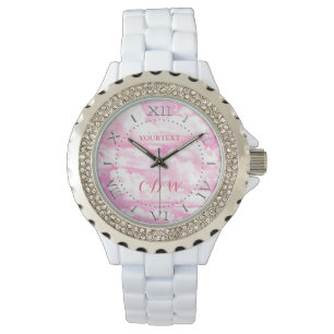 Personalized Festive Pastel Pink happy Clouds Watch
