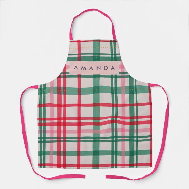 Personalized Festive Red & Green Plaid Pattern Apron (Front)