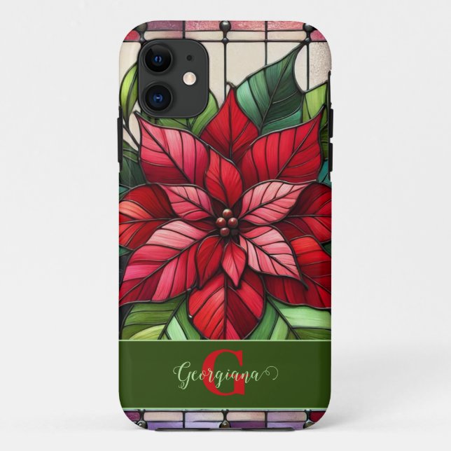 Personalized Festive Stained Glass Poinsettia Case-Mate iPhone Case (Back)