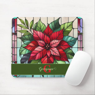 Personalized Festive Stained Glass Poinsettia Mouse Pad