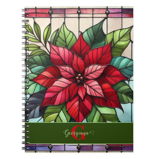 Personalized Festive Stained Glass Poinsettia Notebook (Front)