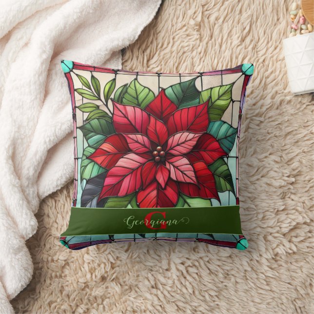 Personalized Festive Stained Glass Poinsettia Throw Pillow (Blanket)