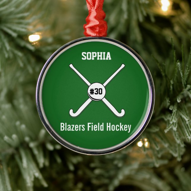 Personalized Field Hockey Team Name Jersey Number Metal Ornament (Tree)