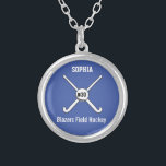 Personalized Field Hockey Team Name Jersey Number Silver Plated Necklace<br><div class="desc">This personalized field hockey design features 2 crossed field hockey sticks, a ball and your player's or coach's name, team name and jersey number. Personalize the background colour to match your team colours - just click on "customize" and then the small eye dropper. This makes a perfect for an end...</div>
