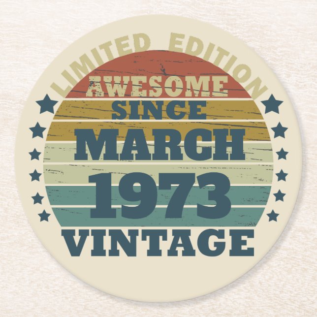 Personalized fifty vintage 50th birthday party round paper coaster (Front)