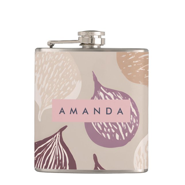 Personalized Fig Fruit Art in Warm Neutral  Hip Flask (Front)