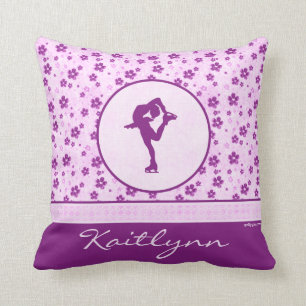 Personalized Figure Skater Purple Heart Floral Throw Pillow