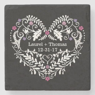 Personalized Filigree Heart, Wedding Date Names Stone Coaster