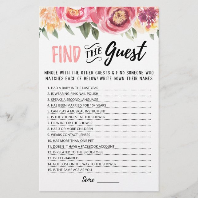 Personalized Find the guest Bridal Shower game (Front)