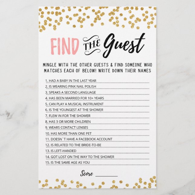 Personalized Find the guest Bridal Shower game (Front)