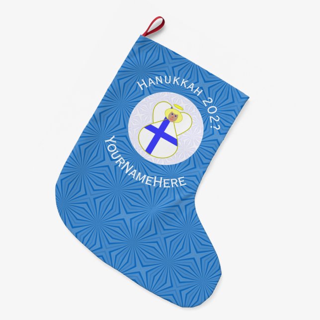 Personalized Finnish Angel Hanukkah Flag Large Christmas Stocking (Front (Hanging))