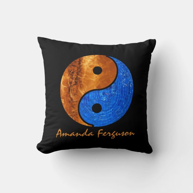 Personalized Fire and Water Yin Yang Black Throw Pillow (Front)