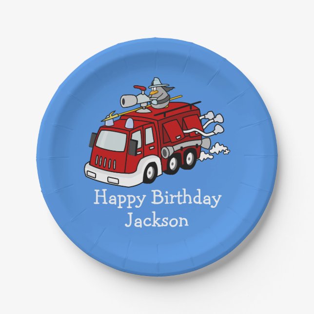 Personalized Fire Truck Boy's Birthday Paper Plate (Front)