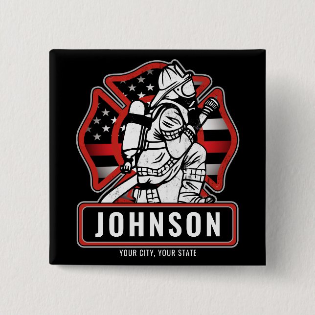 Personalized Firefighter Fire Dept Patriotic Flag 2 Inch Square Button (Front)