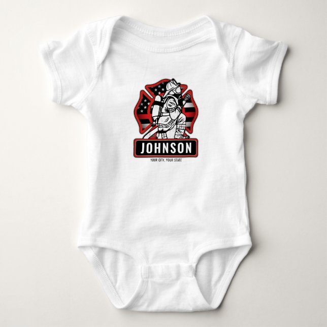 Personalized Firefighter Fire Dept Patriotic Flag  Baby Bodysuit (Front)