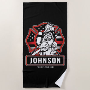 Personalized Firefighter Fire Dept Patriotic Flag Beach Towel