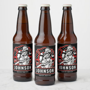 Personalized Firefighter Fire Dept Patriotic Flag Beer Bottle Label