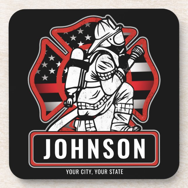 Personalized Firefighter Fire Dept Patriotic Flag  Coaster (Front)