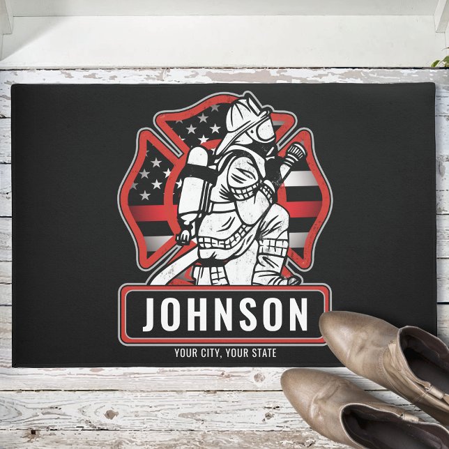 Personalized Firefighter Fire Dept Patriotic Flag  Doormat (Creator Uploaded)