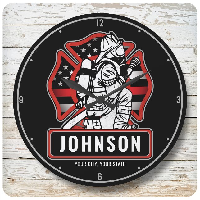 Personalized Firefighter Fire Dept Patriotic Flag  Large Clock (Creator Uploaded)