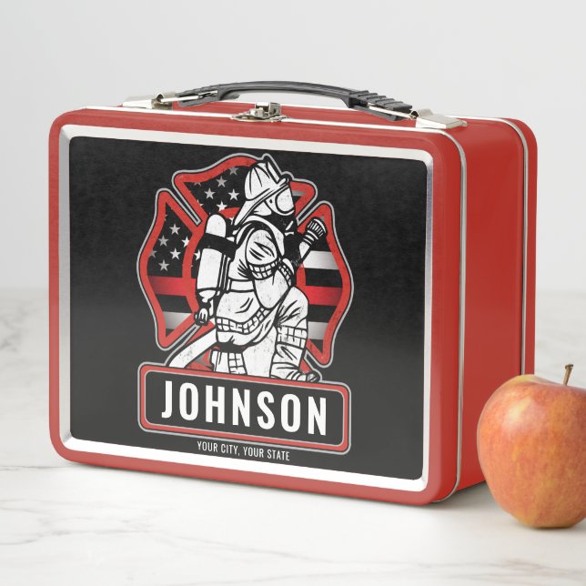 Personalized Firefighter Fire Dept Patriotic Flag Metal Lunch Box (In Situ)