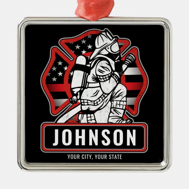 Personalized Firefighter Fire Dept Patriotic Flag  Metal Ornament (Front)