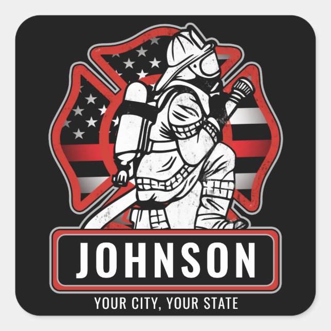 Personalized Firefighter Fire Dept Patriotic Flag  Square Sticker (Front)