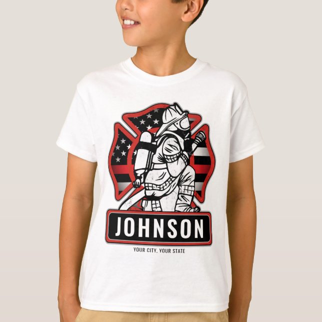 Personalized Firefighter Fire Dept Patriotic Flag  T-Shirt (Front)