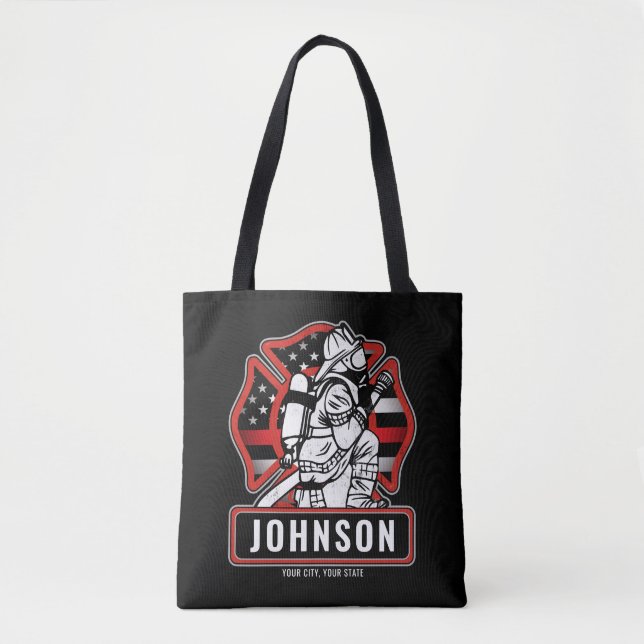 Personalized Firefighter Fire Dept Patriotic Flag  Tote Bag (Front)