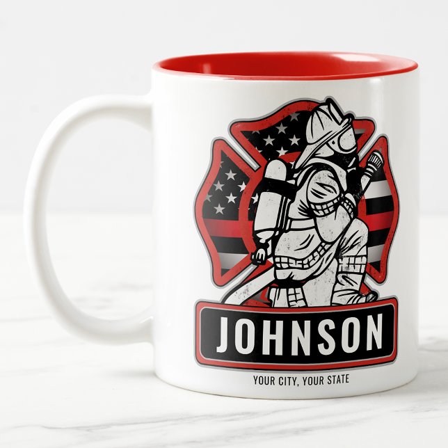 Personalized Firefighter Fire Dept Patriotic Flag  Two-Tone Coffee Mug (Creator Uploaded)