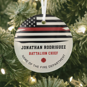 Personalized Firefighter Fire Dept Thin Red Line Glass Ornament